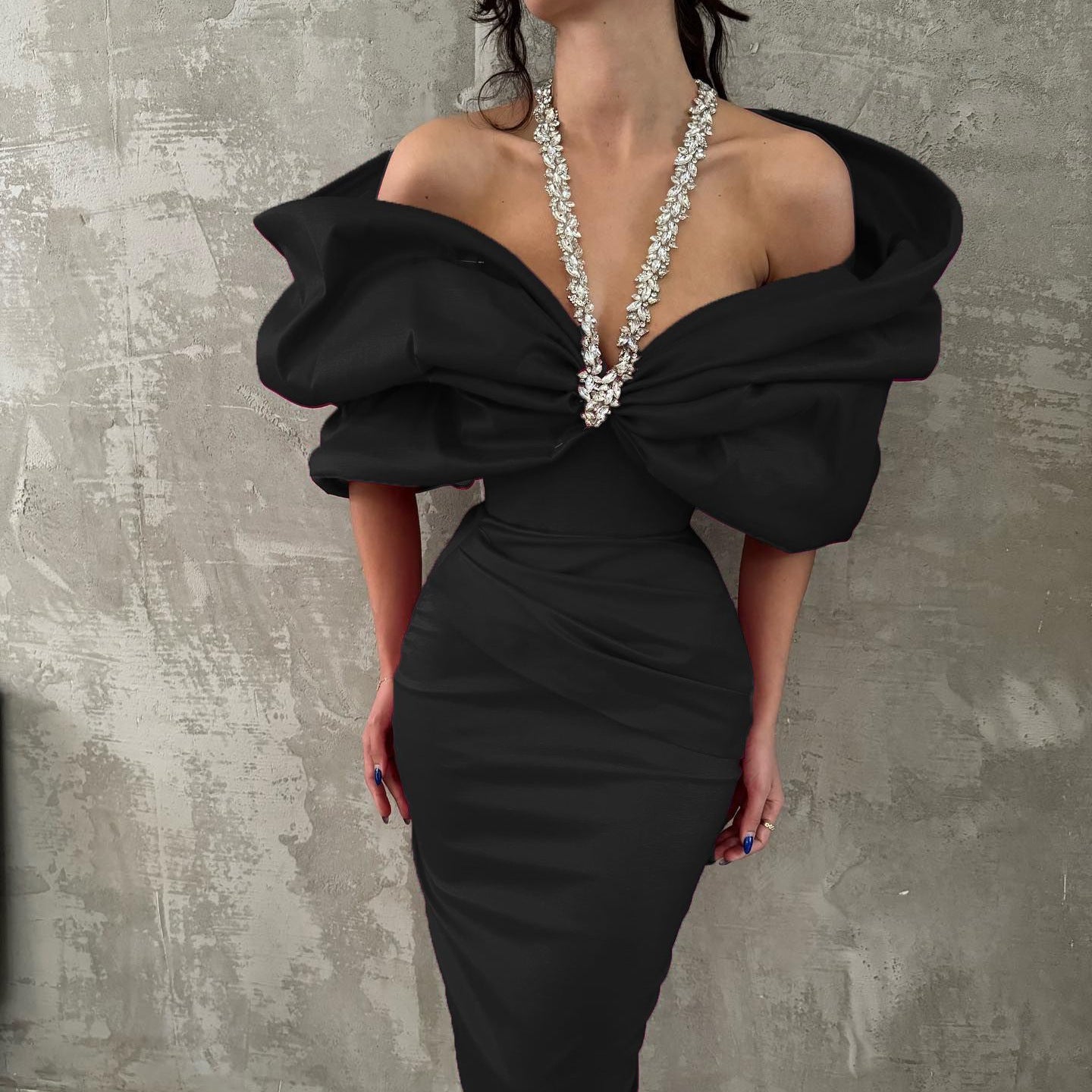 Robe sexy bandage patchwork ornée de perles et de strass pour femme