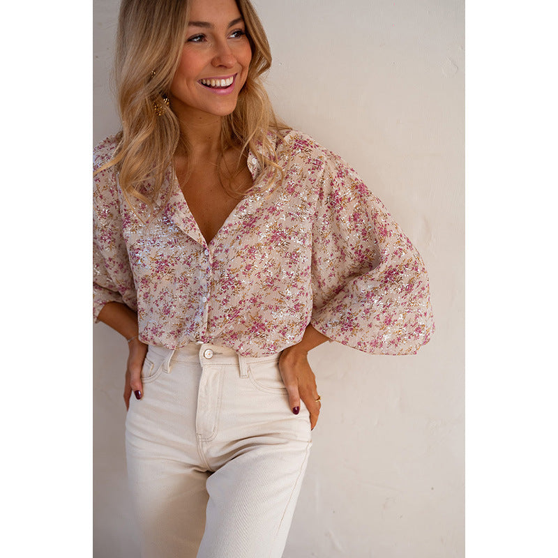 Fashion Women's Single Row Multi-Buckle Shirt with Floral Print
