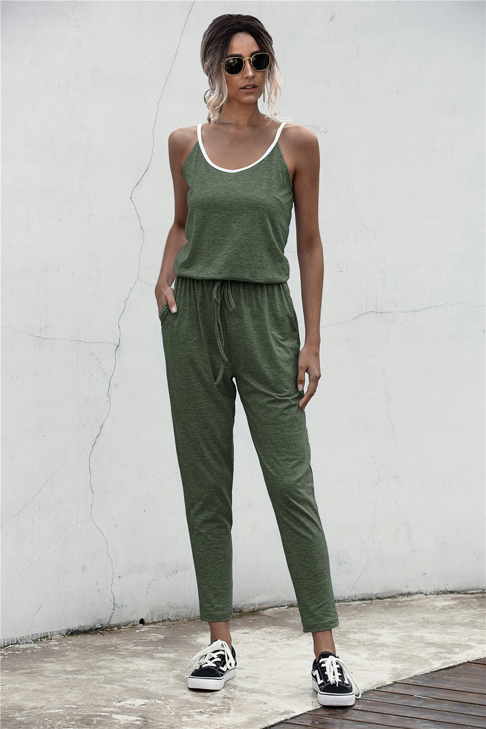 Summer Color Block Suspender Jumpsuit in Gray, Black & Army Green