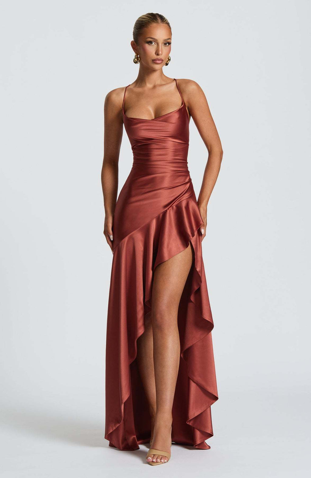 Robe longue bustier asymétrique à volants pour femme, sans manches, fendue, pour l'été, soirée, club