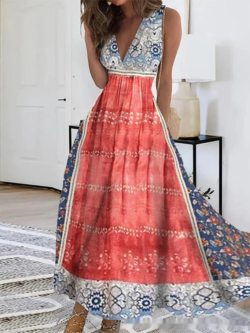 Spring Summer V-Neck Sleeveless Waist-Controlled A-Line Dress