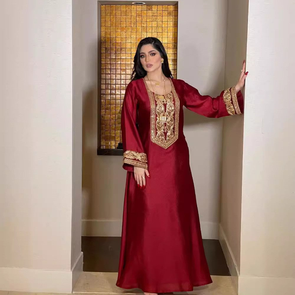 New Sequined Gold Silk Solid Color Long Sleeve Arab Dress Women