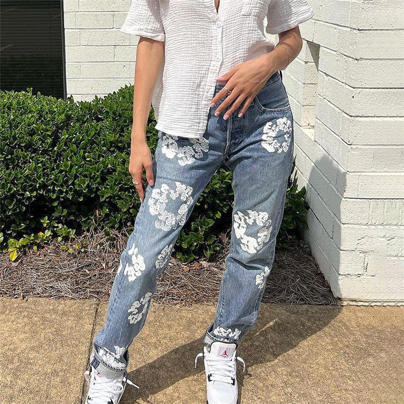 High Waist Blue Printed Straight Jeans for Women