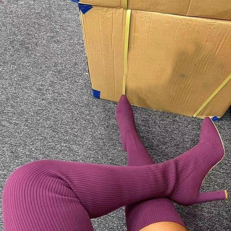 Bottes d'hiver cuissardes à talons hauts et bout pointu en maille extensible pour femme