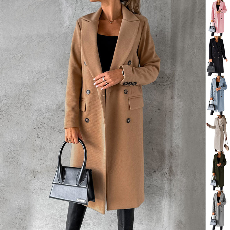 Manteau long d'hiver ajusté à revers double boutonnage pour femme