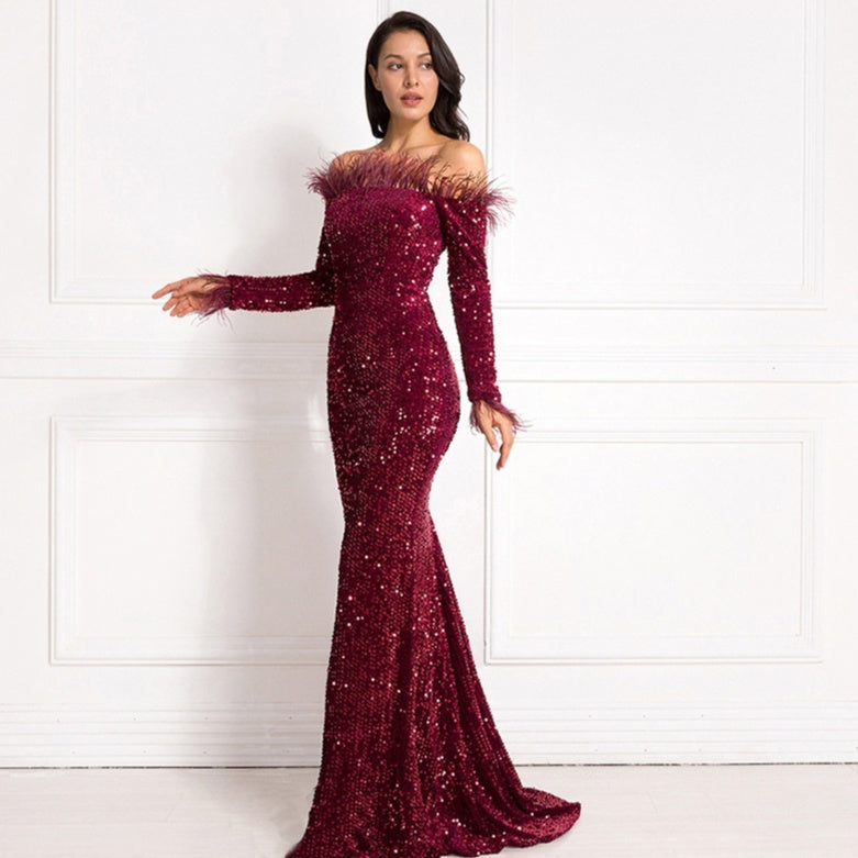 Off-the-Shoulder Fishtail Party Dress in White, Green, Black & Wine Red, Sizes S-XL
