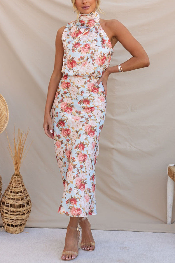Robe en satin sans manches à taille haute et col licou avec imprimé floral pour femme