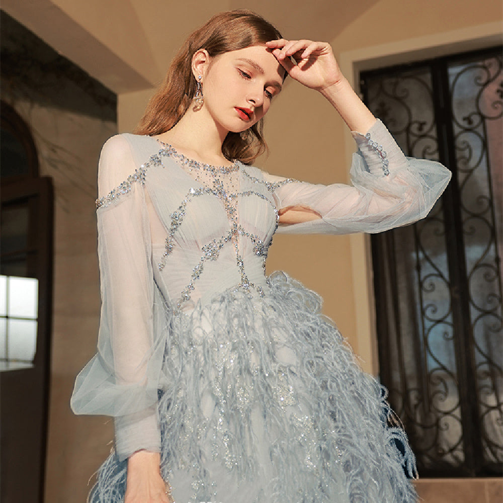 Women's Fashion Dinner Dress with Zipper in Thai Milk Blue