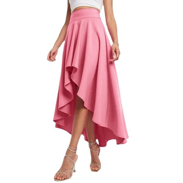 Women's Asymmetric High Waist Mid-Length Skirt in Black & Pink Polyester