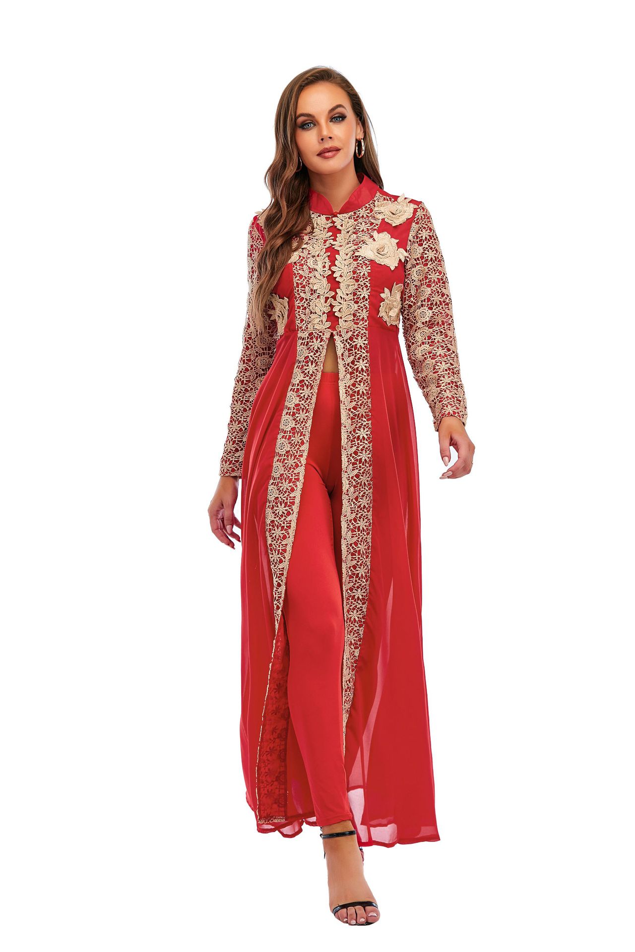 Arabian Women Chiffon Stand Collar Lace Long Sleeve Dress Pants Set