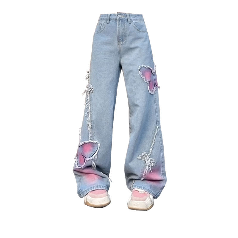 Vintage Embroidered Butterfly High-Waist Denim Jeans Straight & Wide Leg Pants