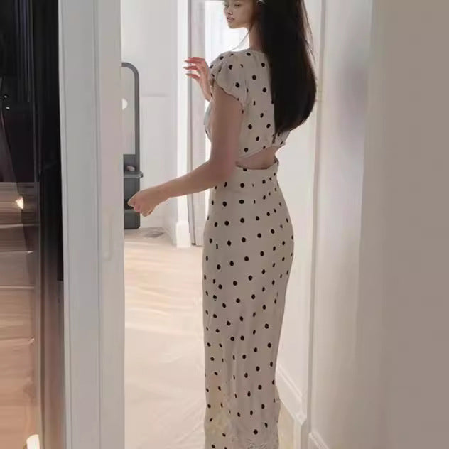 Women's Lace V-Neck High Waist Polka Dot Dress S-XL
