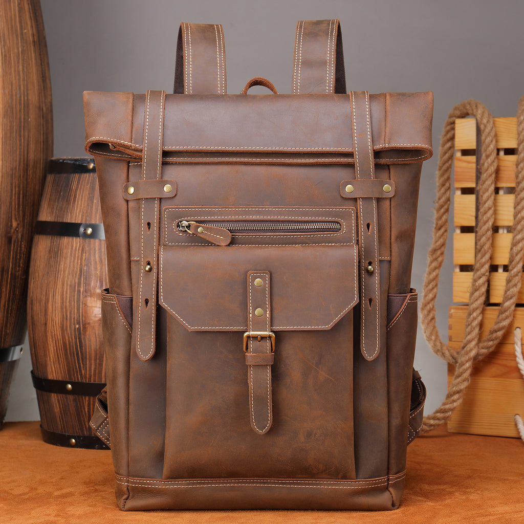 Retro Crazy Horse Leather Men's Backpack Large Coffee