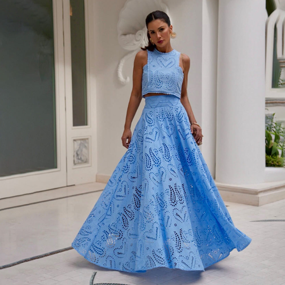 Women's Sleeveless Embroidered Lace Two-Piece Dress Set