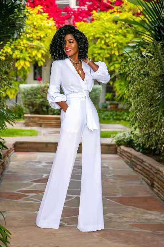 White V-Neck Long Sleeve Lace-Up Jumpsuit for Women