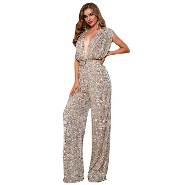 Silver Sequined Sleeveless Summer Jumpsuit Waist Detail