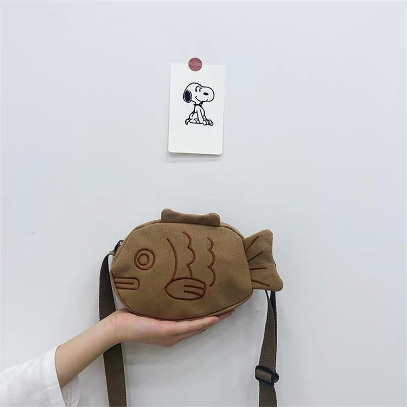 Brown Canvas Medium Round Messenger Bag With Wide Personality Fish Design