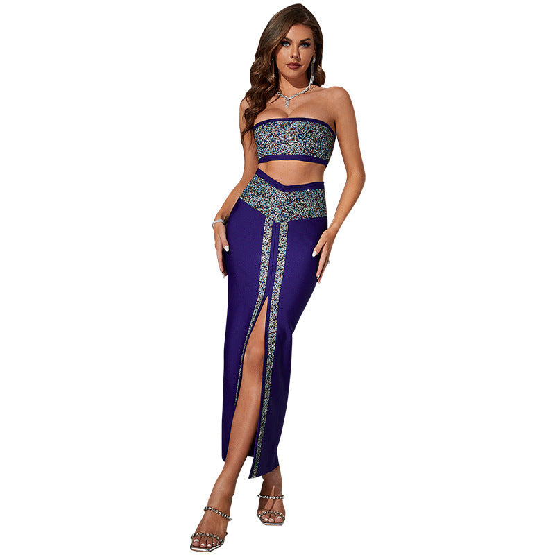 Fashion Women's Purple Bandage Two-Piece Tube Top Dress Set Western Style