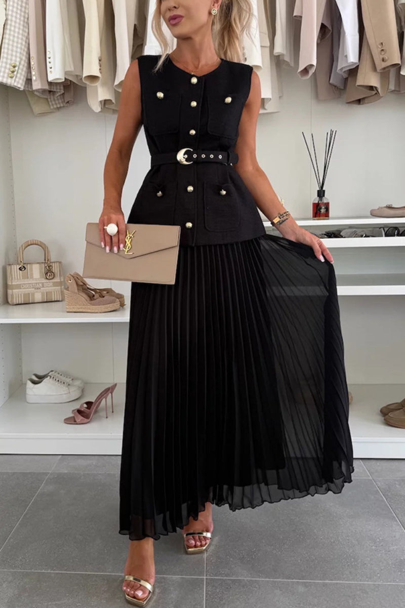 Sleeveless Chanel-Inspired Vest & Mesh Pleated Skirt Two-Piece Set