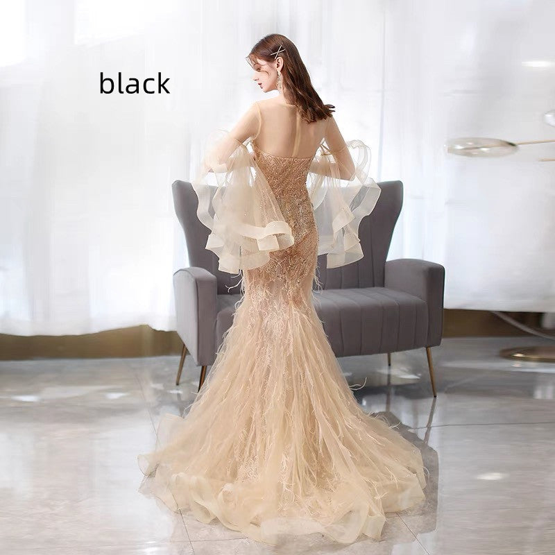 Golden Mermaid Evening Dress with Zipper, Mid Waist, 3/4 Sleeves, XXL Available