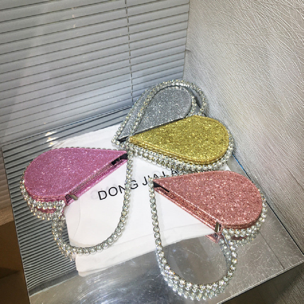 Personalized Diamond-Embedded Heart-Shaped Handbag 26x20cm in Pink, Champagne, Gold & Silver