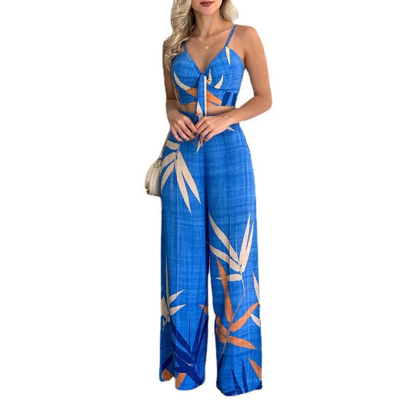 Linen V-Neck Short Vest & High Waist Wide Leg Pants Two-Piece Set