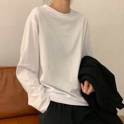 Women's White Long-Sleeve Solid Color Milk Silk T-Shirt