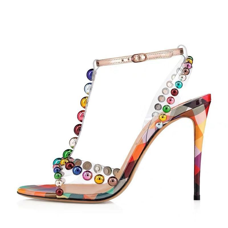 Transparent PVC Colorful Round Bead T-Strap High-Heeled Sandals