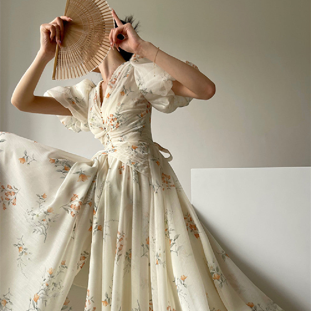 Women's French Fashion Primrose Freesia Floral V-Neck Dress
