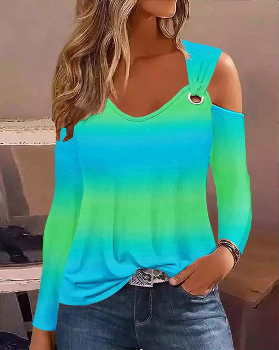 Simple Metal Buckle V-Neck Long Sleeve Shirt Polyester