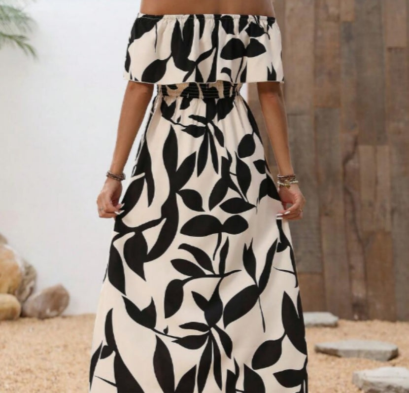 Summer Blue White Botanical Off-Shoulder Split Dress
