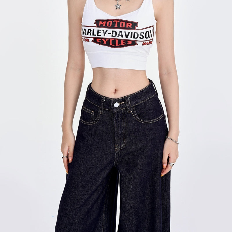 Spring Draped High Waist Wide Leg Denim Jeans for Women