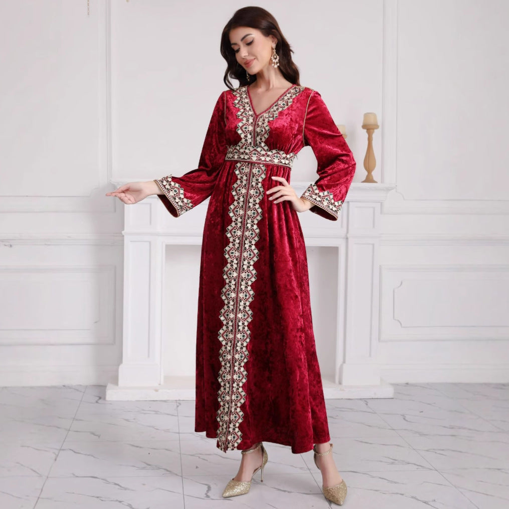 Arab Women's Slim V-neck Long Sleeve Embroidery Pleuche Dress