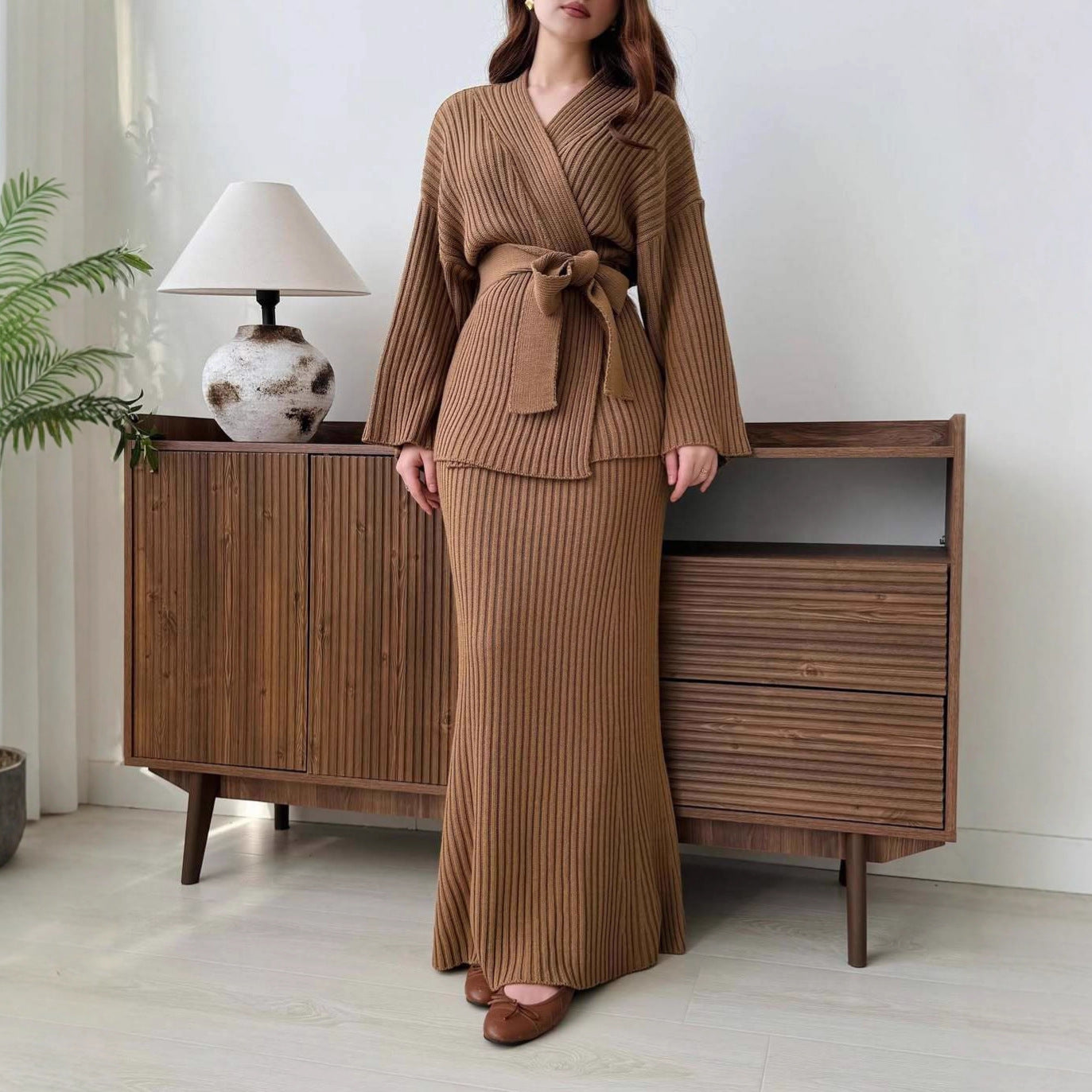V-Neck Ribbed Sweater Knit Wrap Dress with Straight Skirt & Bow Tie