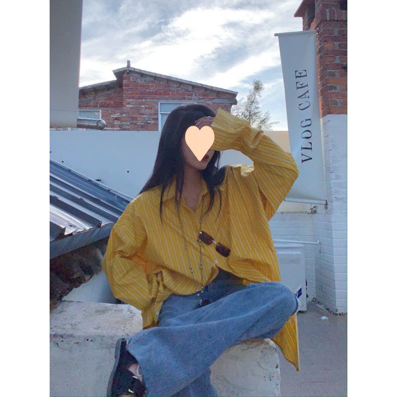 Yellow French Style Design Mid-length Striped Shirt