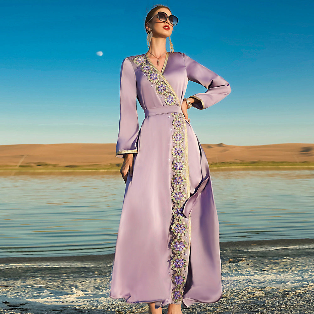 Fog Purple New Heavy Industry Hand Sewn Diamond Middle East Dress