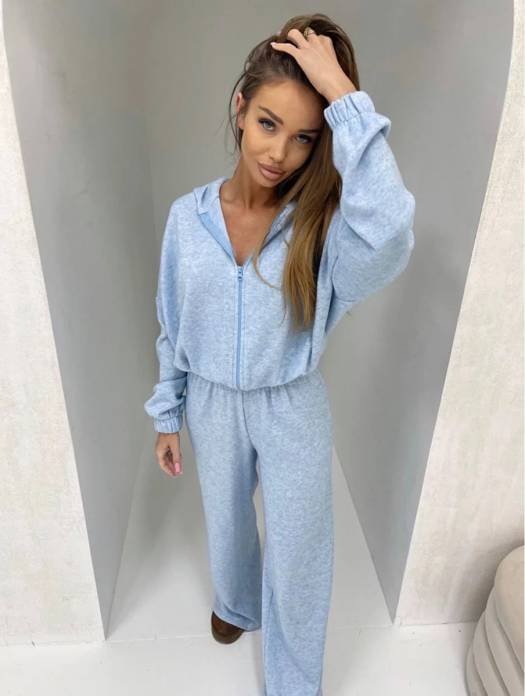 Ensemble deux pièces de pantalon élastique zippé pour femme