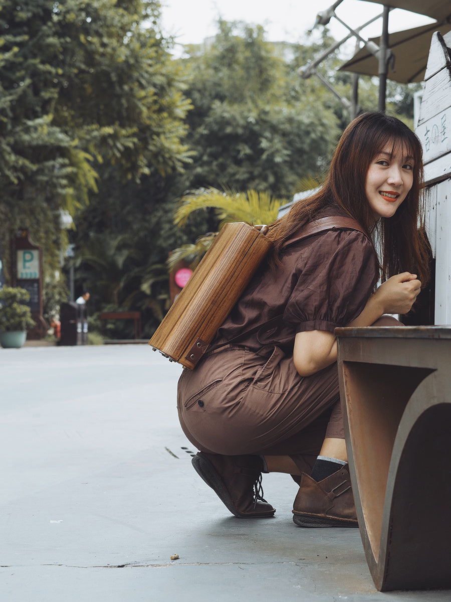 Niche Design Handmade Brown Wood Texture Computer Schoolbag 27x9x34.5cm for Men & Women