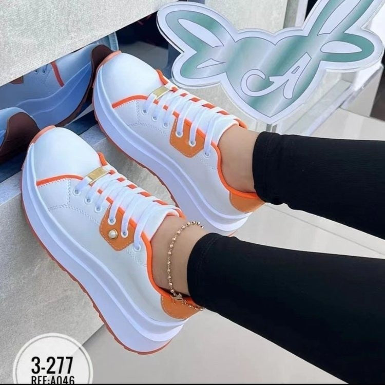 Women's White Lace-Up Platform Wedge Shoes Mid Heel