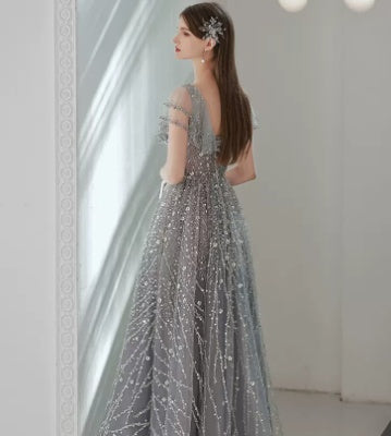 High-Grade Dusty Blue Banquet Engagement Cocktail Dress Polyester