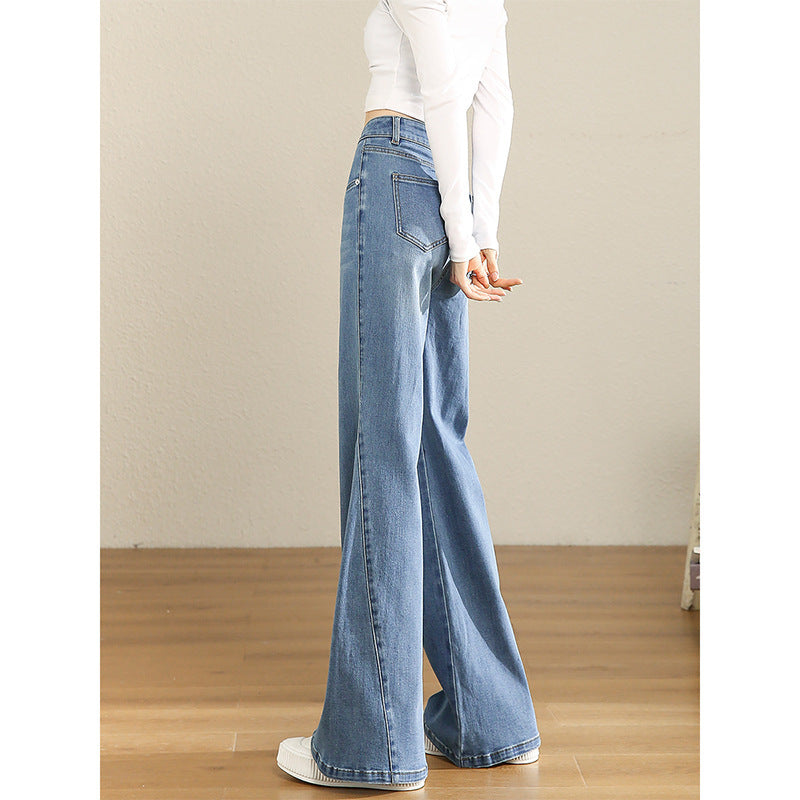 Jean évasé taille haute en denim bleu pour femme