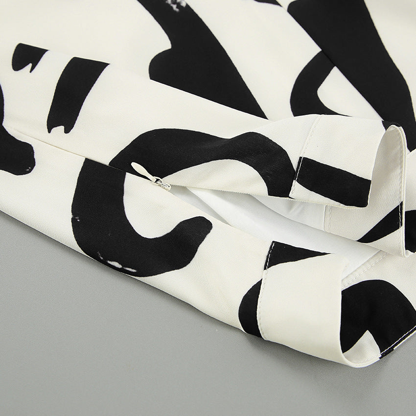 Black And White Printed Long-sleeved Shirt High Waist Wide-leg Pants Two-piece Set