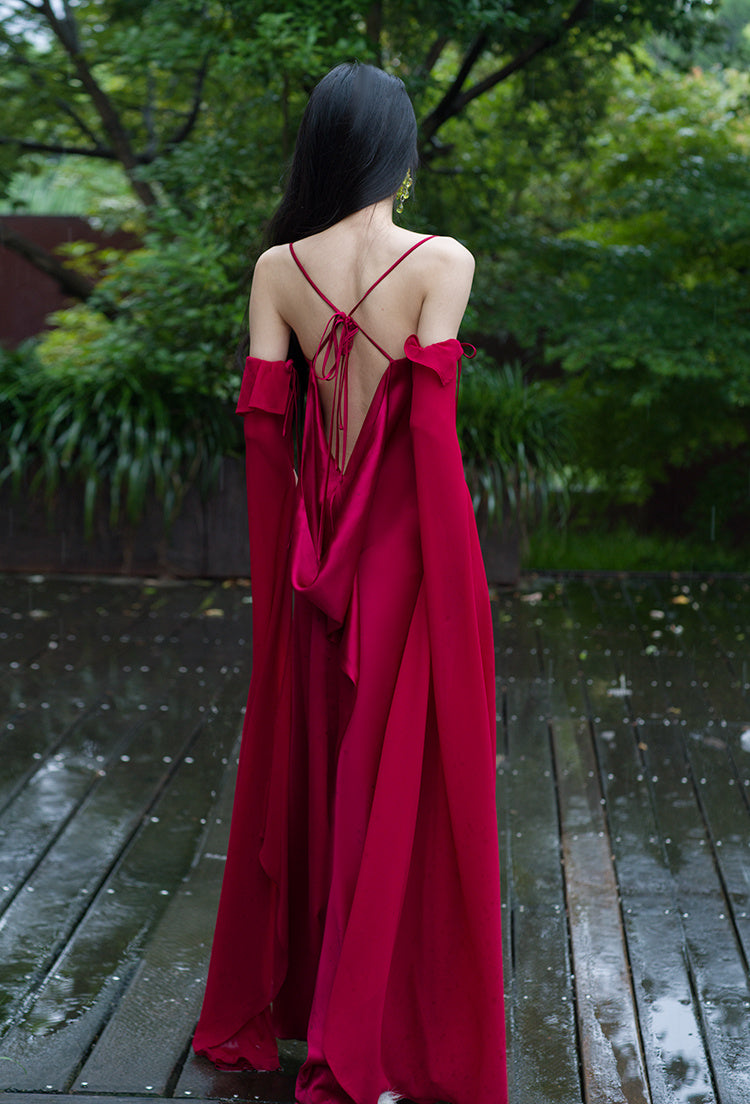 Robe de mariée de luxe en satin acétate rouge vin pour femme