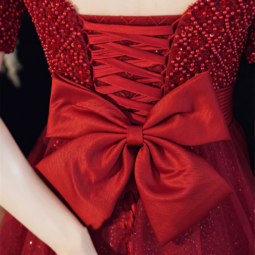 Women's Fashion Wedding Dress Bandage Pearl Detail Wine Red XS-XXL