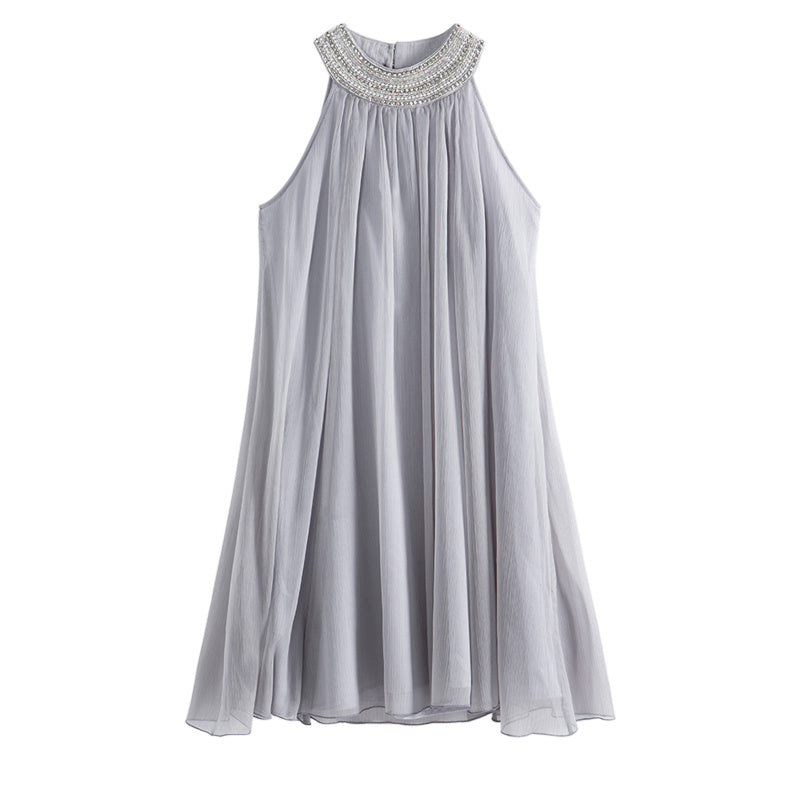 Women's Sleeveless Silk Beaded Halter Dress Short Skirt Gray