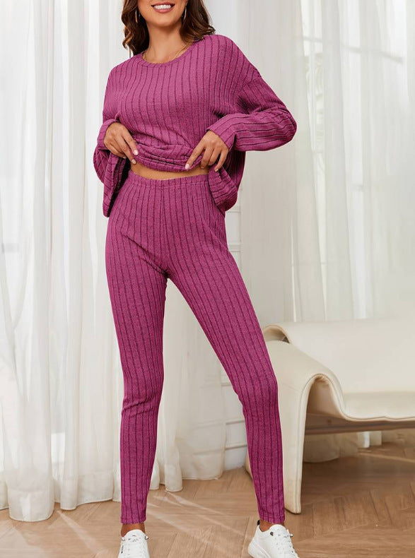 Casual Loose Round Neck Sunken Stripe Knit Suit for Women