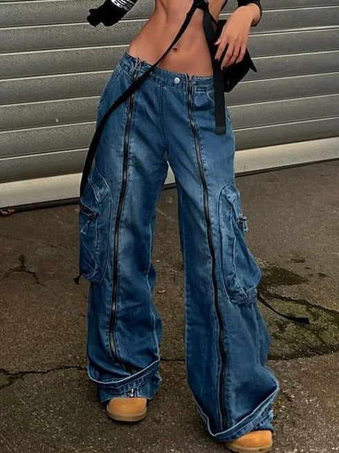 Women's Low Waist Wide Leg Denim Jeans with Zipper - Blue, S-L