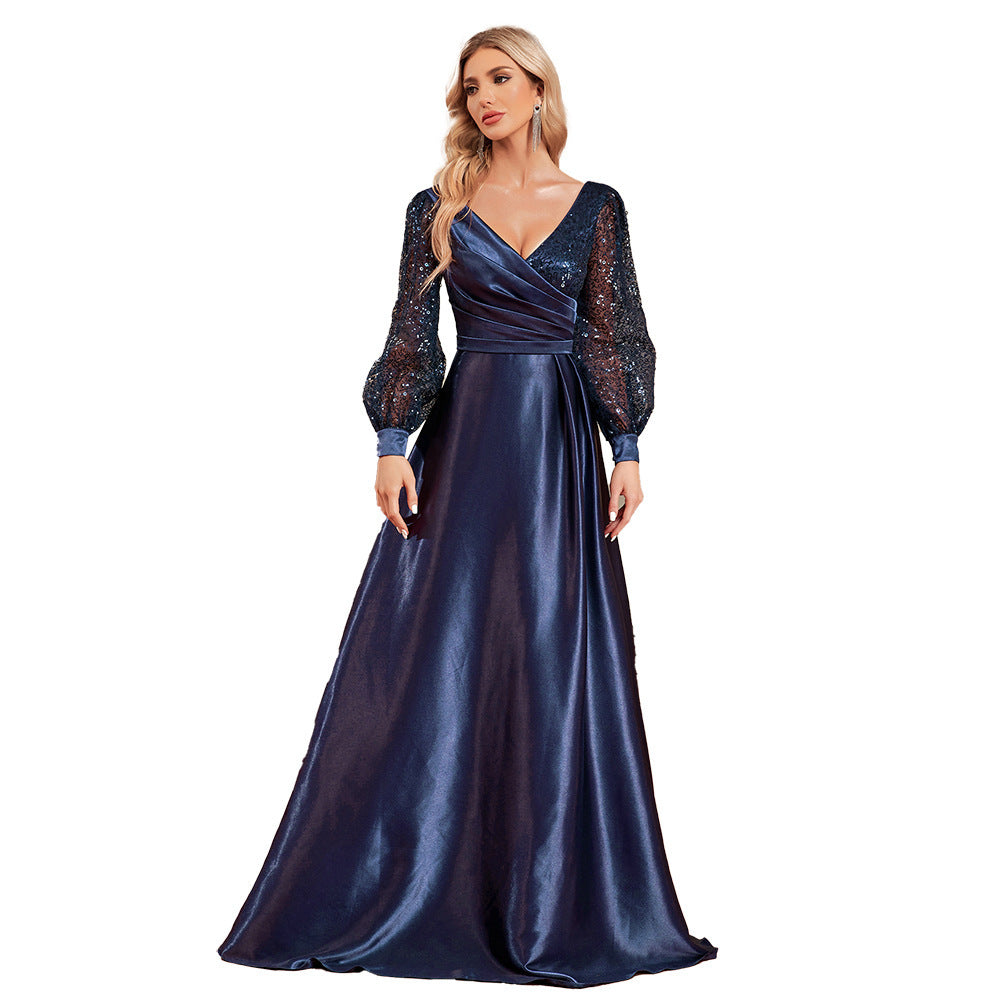 V-neck Long-sleeve Dress Slim Fishtail Sequin Banquet
