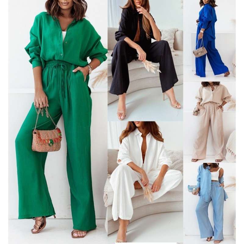 Loose Elastic Wrinkle Long-Sleeve Shirt & Wide-Leg Pants Casual Suit