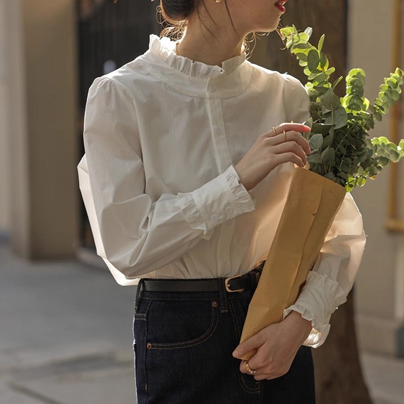 Chemise en polyester à col en dentelle blanche pour femme